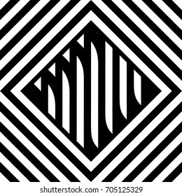Seamless tile with black white striped diagonal lines, square and geometric shape in center. Figurative element, abstract pattern in op art. Vector background, artwork with optical illusion effect.