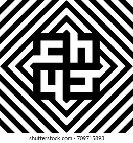 Seamless tile with black white striped diagonal lines, rhombus and swasitka (sign of sun, peace) in center. Decorative, geometric pattern in op art. Vector background, texture with optical illusion.