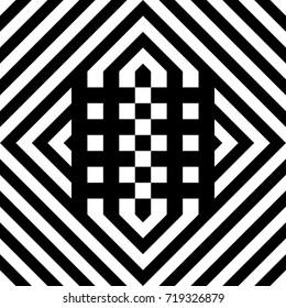 Seamless tile with black white striped diagonal lines, rhombus and abstract shape in center. Decorative element, geometric pattern in op art. Vector background, texture with optical illusion effect.