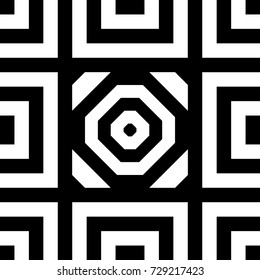 Seamless tile with black white striped lines, squares and abstract shape on center. Decorative element, geometric pattern in op art style. Vector background, texture with optical illusion effect.