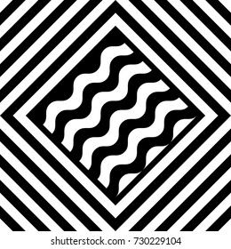 Seamless tile with black white striped diagonal lines, square and geometric shape in center. Figurative element, abstract pattern in op art style. Vector background, artwork with optical illusion.