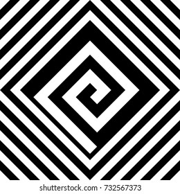 Seamless tile with black white striped diagonal lines, rhombus and spiral in center. Decorative element, geometric pattern in op art style. Vector background, texture with optical illusion.