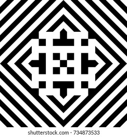 Seamless tile with black white striped diagonal lines, rhombus and abstract shape in center. Decorative element, geometric pattern in op art style. Vector background, texture with optical illusion.