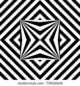 Seamless tile with black white striped diagonal lines, rhombus and abstract shape in center. Decorative element, geometric pattern in op art. Vector background, texture with optical illusion effect.