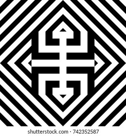 Seamless tile with black white striped diagonal lines, rhombus and abstract shape in center. Decorative element, geometric pattern in op art. Vector background, texture with optical illusion effect.