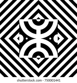 Seamless tile with black white striped diagonal lines, square and geometric shape in center. Figurative element, abstract pattern in op art style. Vector background, artwork with optical illusion.