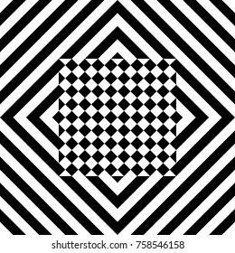 Seamless tile with black white striped diagonal lines, square and geometric shape in center. Figurative element, abstract pattern in op art. Vector background, artwork with optical illusion effect.