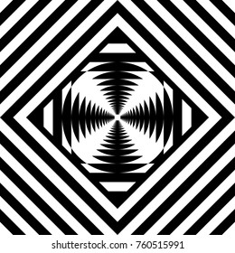 Seamless tile with black white striped diagonal lines, square and geometric shape in center. Figurative element, abstract pattern in op art style. Vector background, artwork with optical illusion.