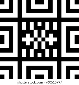 Seamless tile with black white striped lines, squares and abstract shape on center. Decorative element, geometric pattern in op art style. Vector background, artwork with optical illusion effect.