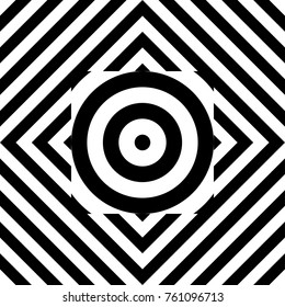 Seamless tile with black white striped diagonal lines, square and geometric shape in center. Figurative element, abstract pattern in op art style. Vector background, artwork with optical illusion.