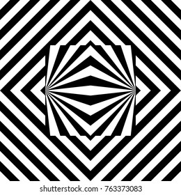 Seamless tile with black white striped diagonal lines, square and geometric shape in center. Figurative element, abstract pattern in op art style. Vector background, artwork with optical illusion.