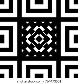 Seamless tile with black white striped lines, squares and abstract shape on center. Decorative element, geometric pattern in op art style. Vector background, artwork with optical illusion effect.
