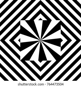 Seamless tile with black white striped diagonal lines, square and geometric shape in center. Figurative element, abstract pattern in op art style. Vector background, artwork with optical illusion.