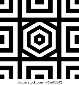 Seamless tile with black white striped lines, squares and abstract shape on center. Decorative element, geometric pattern in op art style. Vector background, texture with optical illusion effect.