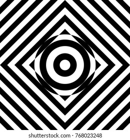 Seamless tile with black white striped diagonal lines, square and geometric shape in center. Figurative element, abstract pattern in op art style. Vector background, artwork with optical illusion.