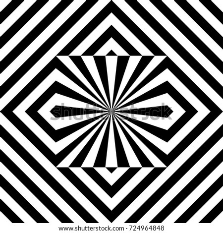 Seamless tile with black white striped diagonal lines, square and geometric shape in center. Figurative element, abstract pattern in op art style. Vector background, artwork with optical illusion.