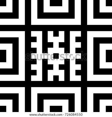 Seamless tile with black white striped lines, squares and abstract shape on center. Decorative element, geometric pattern in op art style. Vector background, artwork with optical illusion effect.