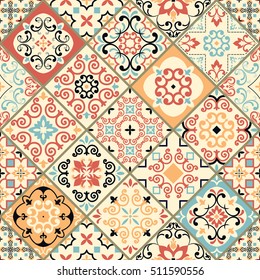 Seamless  tile with colorful patchwork. Vintage multicolor pattern. Endless pattern can be used for ceramic tile, wallpaper, linoleum, textile, web page background.