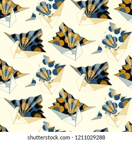 seamless tile with crane origami and cherry flowers pattern in blue gold shades