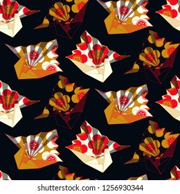 seamless tile with crane origami and cherry flowers pattern in black red gold shades