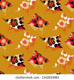 seamless tile with crane origami and cherry flowers pattern in red gold shades