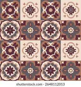 Design de azulejos sem costura com motivos florais simétricos. Padrão geométrico intrincado com tons terra