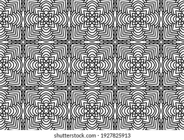 seamless tile drawn with linear ornaments in folk style on a white background for coloring, vector, seamless pattern