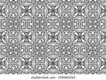 seamless tile with flowers and abstract linear figures in folk style on a white background for coloring, vector