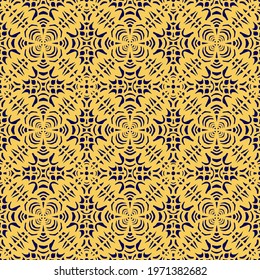 seamless tile with flowers and ornaments in folk style drawn with yellow and dark blue colors, vector, seamless pattern