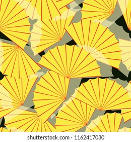 seamless tile with flying fans pattern in yellow red