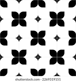 Seamless tile. Geometric canvas painting. Black and white background. Floral print fabric pattern.