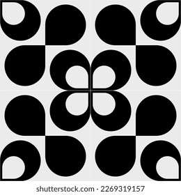 Seamless tile. Geometric canvas painting. Black and white background. Floral print fabric pattern.