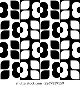 Seamless tile. Geometric canvas painting. Black and white background. Floral print fabric pattern.