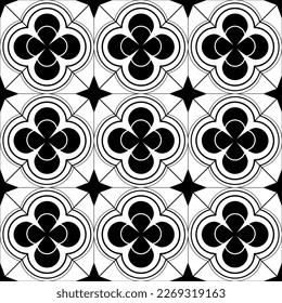 Seamless tile. Geometric canvas painting. Black and white background. Floral print fabric pattern.