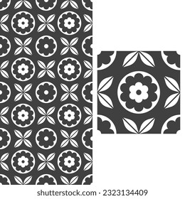 Seamless tile. Geometric canvas painting. Black and white background. Floral print fabric pattern. Portuguese or Spanish seamless black and white tiles.