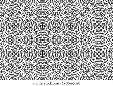 seamless tile with geometric figures and abstract flowers in folk style on a white background for coloring, vector