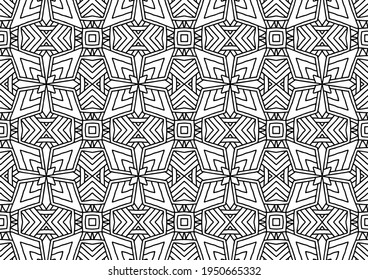 seamless tile with geometric and floral figures in folk style on a white background for coloring, vector