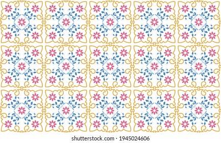 Seamless tile geometric pattern with intricate floral and vine motif color gold,symmetrical floral centerssurrounded by ornate linear border,evoking the aesthetic of traditional Mediterranean,Spanish