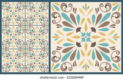 Seamless tile with Islam, Arabic, Indian, ottoman motifs. Majolica pottery tile. Portuguese and Spain azulejo. Ceramic tile in talavera style. Vector illustration.