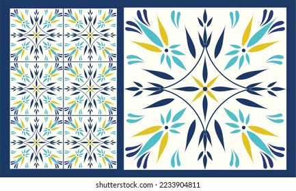 Baldosas sin foco con motivos islámicos, árabes, indios, otomanos. Baldosas de cerámica mallónica. Azulejo portugués y español. Baldosas cerámicas de estilo talavera. Ilustración vectorial.