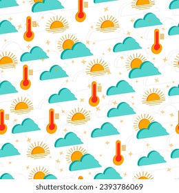 Seamless tile of isolated orange and blue 3d weather icons on white background with sun, cloud, thermometer, stars, for textile, packaging. Vector illustration.