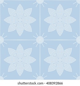 Seamless tile monochrome blue grid background of lotus flowers, circles and garlands. Dotted pattern. Vector Illustration.