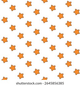 Seamless tile of orange cartoon stars over transparent white background. Suitable for kids materials, fabric, wallpaper, children’s packaging, scrapbooking, party invitations, and cheerful designs
