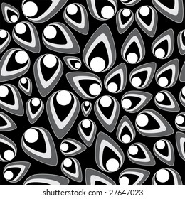 Seamless tile pattern background, oval, shell, feather, leaf and flower shape design, black and white, vector illustration