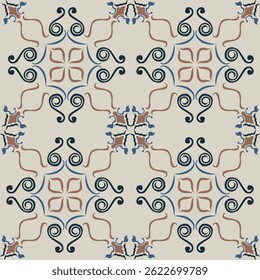 Seamless Tile pattern with blue, brown, and deep blue floral background elements.