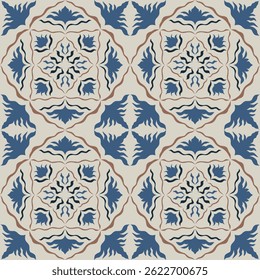 Seamless Tile pattern with blue, brown and deep blue  floral background elements.