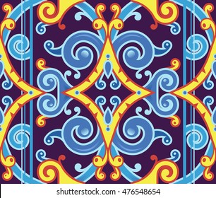 Seamless Tile Pattern in Blue and Yellow Colors. Italian Majolica Style. Vector Illustration for Textile Design