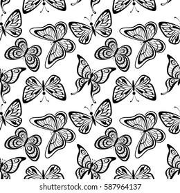 Seamless Tile Pattern, Butterflies Black Silhouettes Isolated on White Background. Vector