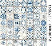 Seamless tile pattern. Colorful lisbon, mediterranean floral ornament pattern. Square flower blue mocaic. Islam, Arabic, Indian, Turkish, Pakistan, Chinese Moroccan, Portuguese Ottoman motifs. vector.