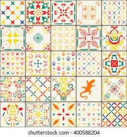 Seamless tile pattern. Colorful lisbon, mediterranean floral ornament pattern. Square flower yellow, red mosaic. Islam, Arabic, Indian, Turkish, Pakistan, Moroccan, Portuguese Ottoman motifs. vector.